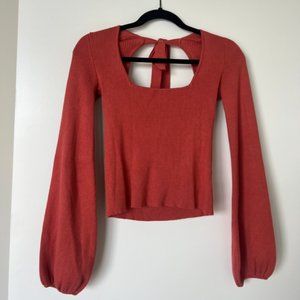 Lulus pink/red top with open back and tie, long balloon sleeves